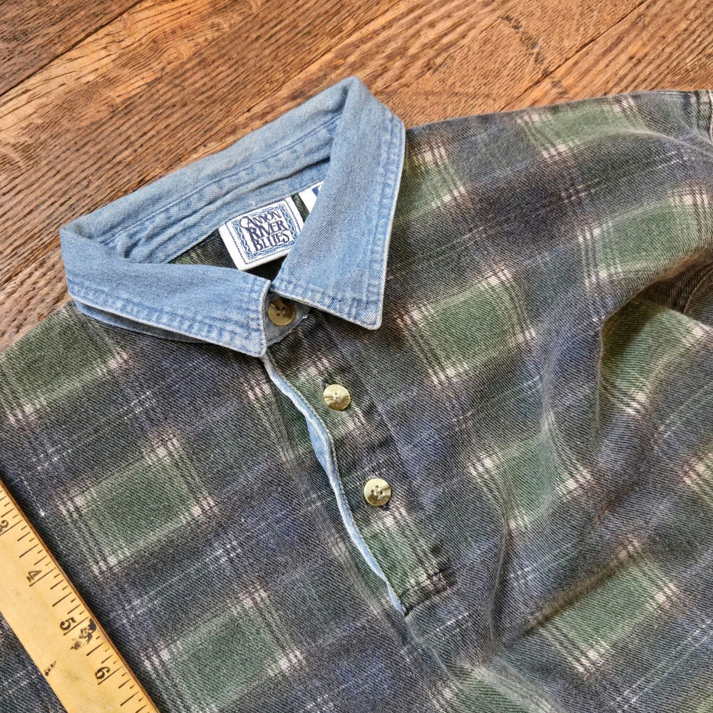 Vintage Canyon River Rugby Shirt Boys Kids 14/16 Large Green Blue Denim 90s